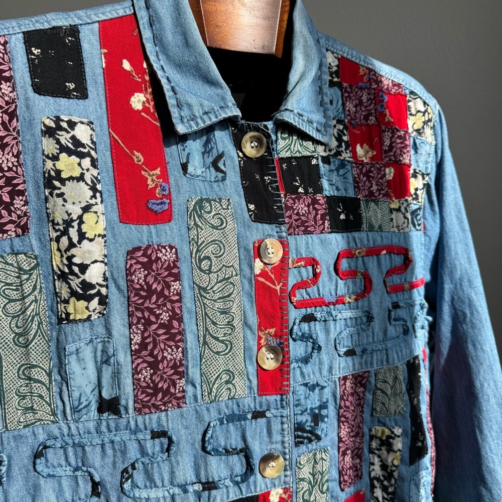 Vintage Patchwork Denim Jacket – Handmade Quilt Style 🧵 M–L - Picture 2 of 15